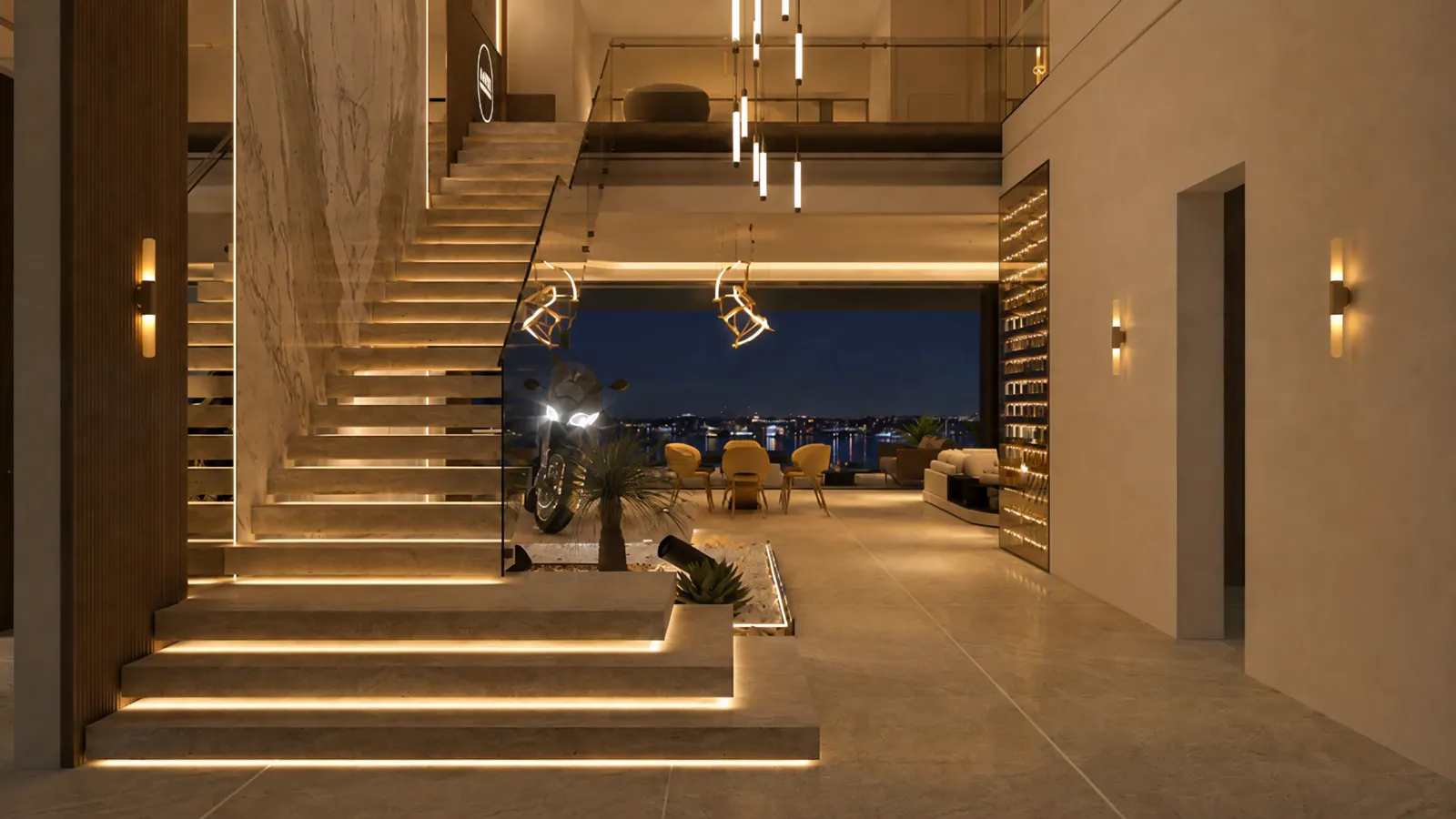 A finished residence, every light on.