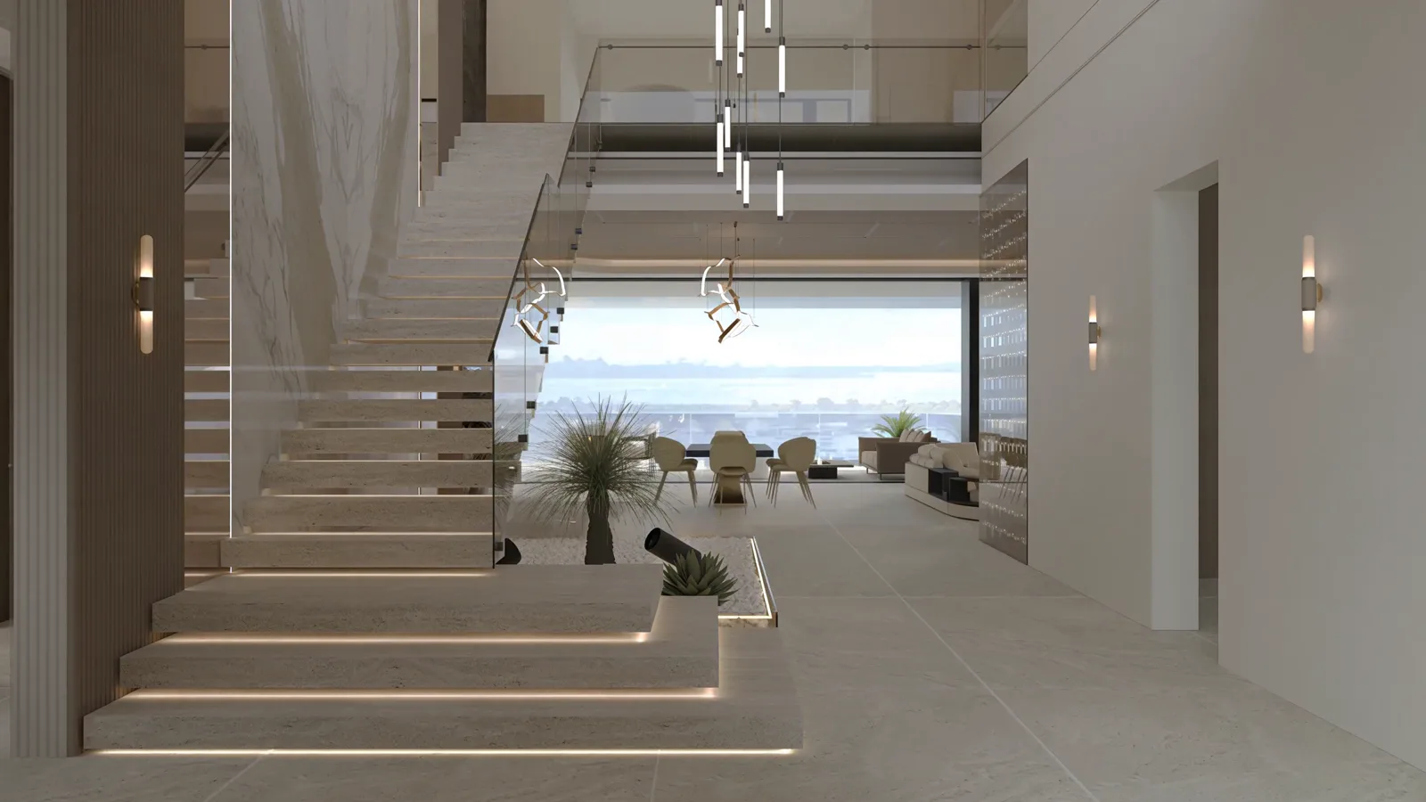 Travertine, low-iron glass, layered light.
